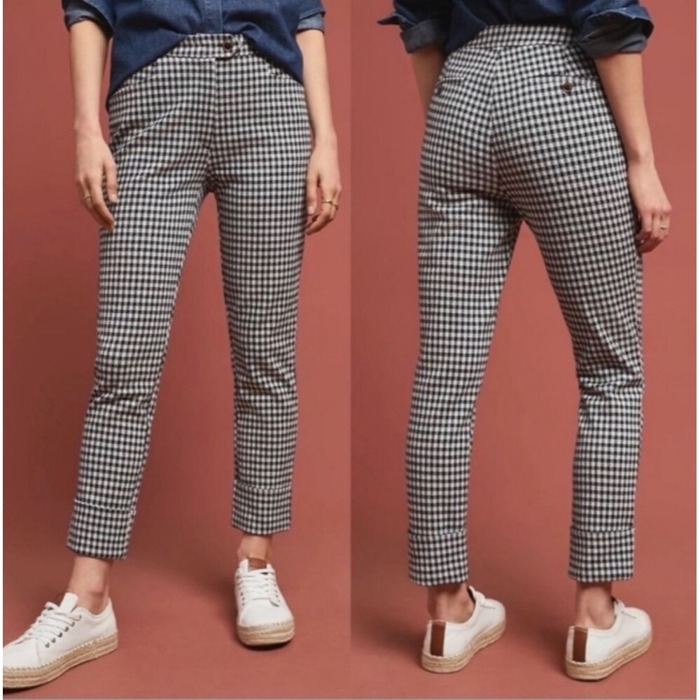 Anthropologie The Essential Crop Flare Gingham Size 6 Black & White